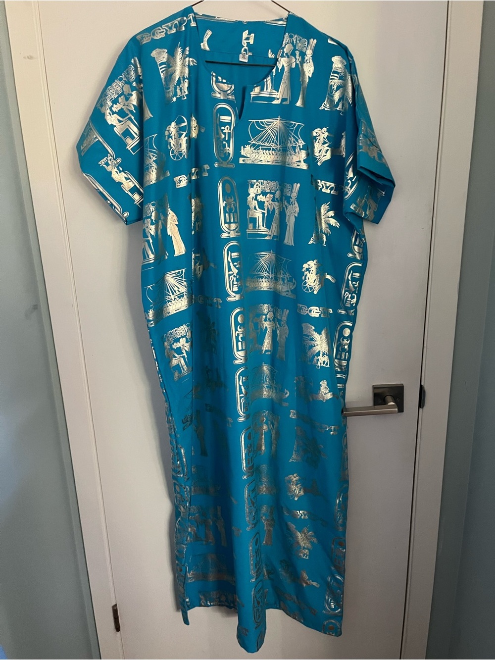 Turquoise Metallic Egyptian Motif Maxi Dress L-XL